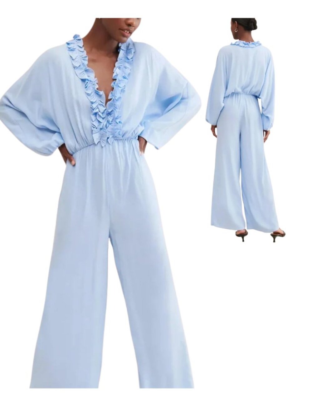 Elliatt Counterglow Ruffle Jumpsuit in Blue. Size XS. 100%
